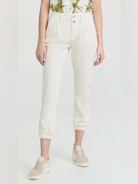 PAIGE Mid Rise Pleated Mayslie Jogger Pants Soft Denim Bottoms Quartz Sand White